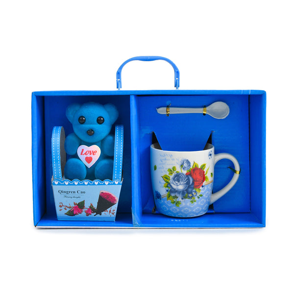 Blue Teddy Bear and Floral Ceramic Mug Gift Set in Blue Box | Corporate and Personal Gifting | The Legend Style