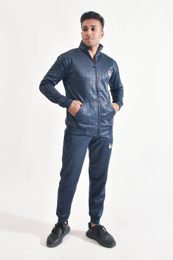 Blue Mock Neck Textured Tracksuit