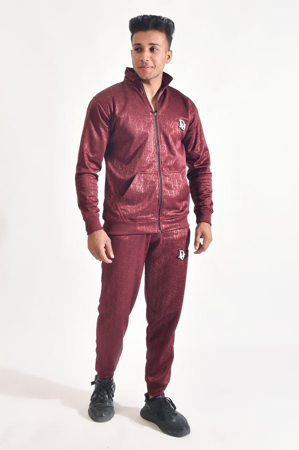 Maroon Mock Neck Textured Tracksuit