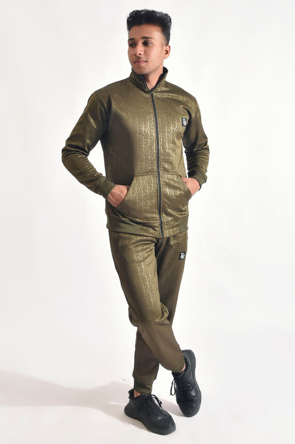 Olive Mock Neck Textured Tracksuit